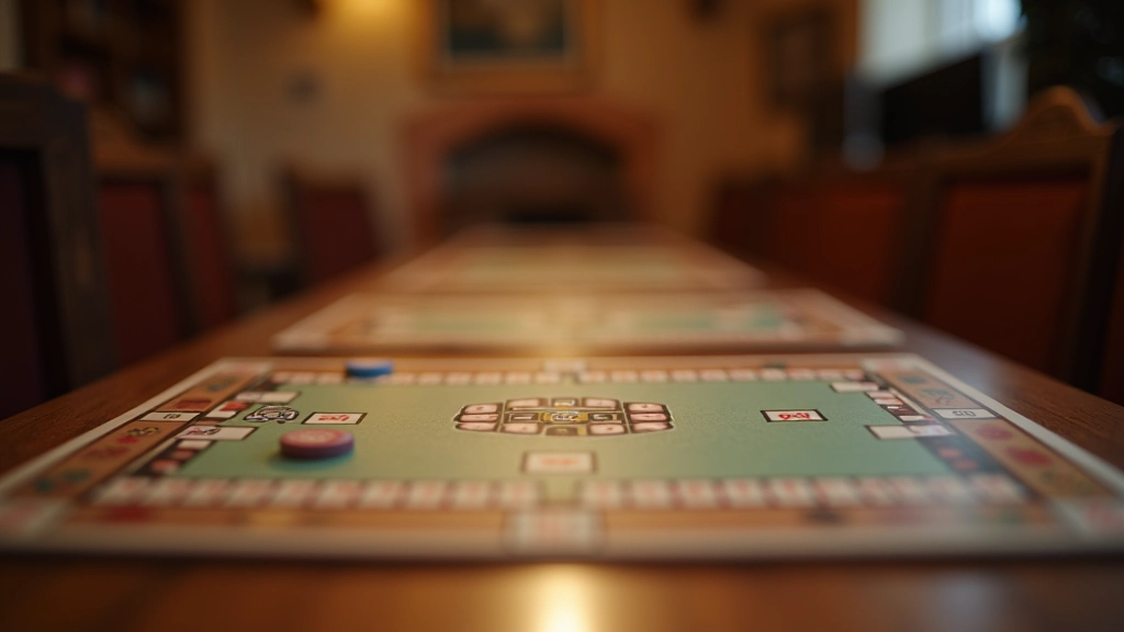 Complex strategy board game setup showing game pieces and cards arranged for gameplay